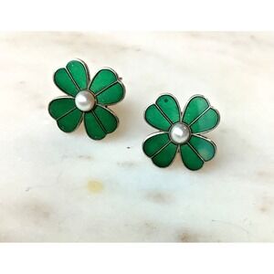 Four Leaf Clover Earrings Vintage Green Enamel Screw Back St Patrick's Day